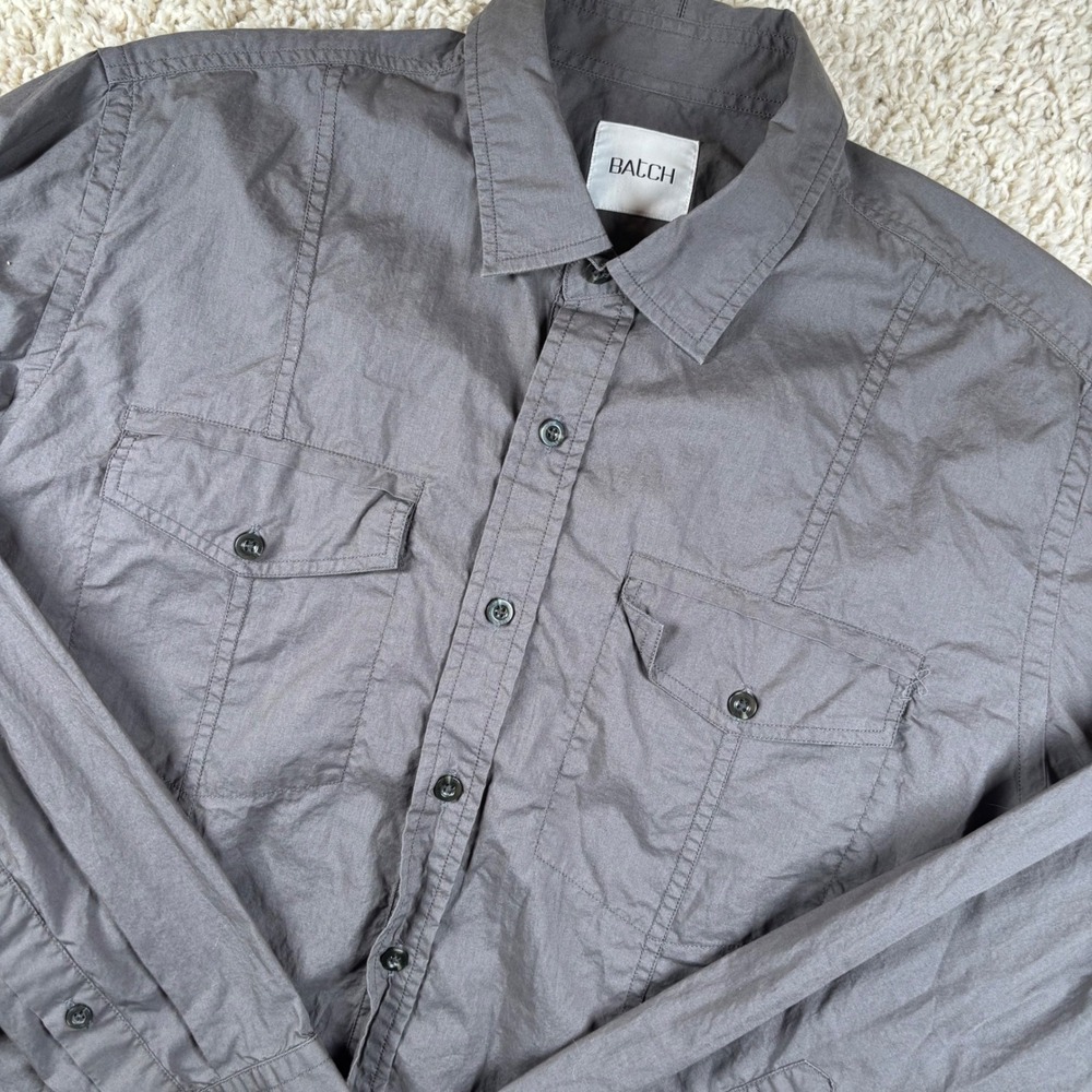 Batch Mens‎ Button Down Shirt Large Gray Long Sleeve Utility Pocket Cotton